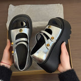 KYLETHOMASW  -  New Women Two-tone Metal Studded Platform Mary Jane Shoes Round Toe Buckle Strap Slip On Casual Summer Gothic Lolita Pumps Shoes