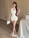 KYLETHOMASW  -  Sexy Halter Patchwork Lace Mini Dress Women 2025 Summer Sleeveless High Waist Folds Slim Fit Hip Evening Party Dresses