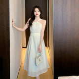 KIylethomasw Beige Chiffon Dress Female Summer Slim Slim Thin Temperament French Senior Sense of Beach Casual Hanging Neck Long Dress