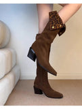 KYLETHOMASW  -  Women Leopard Knee High Boots Sexy High Heels Shoes Winter Warm Long Boots New Suede Pumps Chunky Chelsea Boots Snow Botas