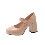 KYLETHOMASW  -  Red Patent Leather Mary Jane Pumps for Women Strap Buckle Chunky High Heels Shoes Woman Platform Pump Burgundy Party 43