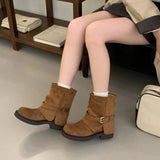 KYLETHOMASW  -  Fashion Metal Buckle Decoration Design Ankle Boots Women High Quality Retro Faux Suede Boots Comfortable Non-Slip Platform Boots