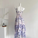 KYLETHOMASW  -  Sweet Butterfly Printed Irregular Rose Waist Slimming Strap Camisole Dress Summer Retro A-line Long Dress for Women