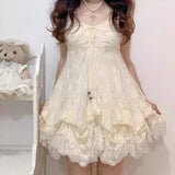 KYLETHOMASW  -  Vintage Lace Mini Dress Women Y2K Harajuku Bandage Bud Dresses Summer Japanese Spaghetti Straps Design A Line Vestidos New