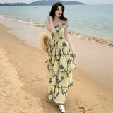 KIylethomasw Retro Cascading Ruffles Flower Print Yellow Cake Midi Dresses 2024 New Summer Ladies Special Design Camisole Clothing Mujer