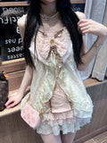 KYLETHOMASW  -  Japanese Vintage Lace Pink Kawaii 3-piece Set Women's Designer Sweet Elegant Cute Bow Sling Tops + Cake Short Skirt Suit New