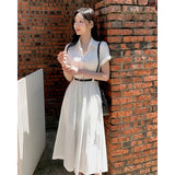 Kylethomasw Elegant White Midi Dress Women with Belt Fashion Short Sleeve Shirts Dresses Summer Korean Aesthetic Single Breasted Vestidos