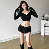 KYLETHOMASW  -  Spicy Girl Sexy Black Low Waist Casual Shorts Women Summer New Chic Glitter Furry Slimming Ultra Short Hot Pants for Women