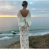 KYLETHOMASW  -  Cream Chunky Knit Loose Sweater Bow Tie Backless Lantern Sleeve 2025 Autumn Fashion Sweet Lady Top Holiday Elegant Chic Cardigan