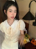 KYLETHOMASW  -  Summer Yellow Fashion 2 Piece Sets Cute Girl Short Puff Sleeve Lace Doll Collar Shirt Top&Mini Skirt 2pc Dress Suits