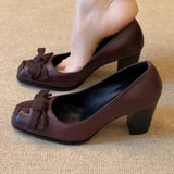 KYLETHOMASW  -  Retro Brown Chunky Heel Women Pumps Fashion Tie Bow Design Square Toe Mary Jane Shoes Spring Comfort Banquet Women's Shoes