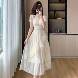 Kylethomasw  Summer French Elegant Women Midi Dresses 2024 New Vintage Folds Solid Ruffle Party Robe Fairycore Neck Mounted Fashion Lady Maxi