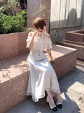 KYLETHOMASW  -  Lace Sweet Cloak Design White Dress Summer New Off Shoulder Bow Short Sleeve Waist Slimming A-line Long Dress for Women