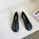 KYLETHOMASW  -  Retro Round Toe Loafers Women Solid Leather Flats Shallow V-Open Boat Mocasines Femmes Comfy Slip On Daily Walking Shoes Ladies