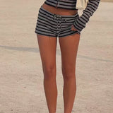 KYLETHOMASW  -  Vintage Striped Knit Shorts Women Drawstring Low Waist Casual Summer Wear