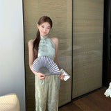 KYLETHOMASW  -  New Chinese Style 2 Piece Set Women's Summer Sleeveless Cheongsam Top Wide Leg Pants Elegant Outfit