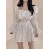 KYLETHOMASW  -  Women Dresses Puff Sleeve Solid Ruffles Square Neck Spring Autumn Vestidos Mujer Korean Fashion A-line Mini Dress