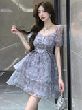 KYLETHOMASW  -  Korean Sweet Lace-up Mini Dress Elegant Print Puff Sleeve Ball Gown Birthday Party Short Dresses Summer Spring Princess Vestidos