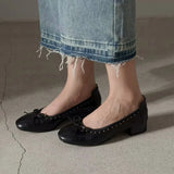 KYLETHOMASW  -  Autumn Vintage Rivet Bowknot Women Ballet Pumps Comfortable Soft Leather 3cm Thick Heeled Lazy Loafers Casual Girls Shoes