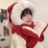 KYLETHOMASW  -    Red Christmas Gift Hat Scarf All in One Women Winter Hats Cute Plush Warm Ear Protection Neck Scarf Hat & Glove Sets 3PCS