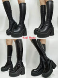 KYLETHOMASW  -  Platform Chunky High Heeled Women Knee High Boots Fashion Cool Round Toe Cute Sweet Heeled Boots Gothic Uniform Dress Shoes