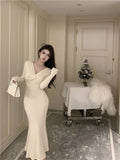 KYLETHOMASW  -  Sweet Hot Girl Sexy V-neck Twisted Dress Women's Autumn Lace-up Slim Fit Hip Wrapped Mermaid Long Dress Fashion Female Clothes