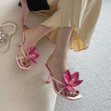 KYLETHOMASW  -  New Fashion Flower Women Thin Heels Pumps Slides Shoes Female Flip flops Square Toe Ladies Heeled Sandals Shoes Big Size 43