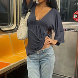 KYLETHOMASW  -  Women Casual Deep V Neck Blouse Loose Fit Long Sleeve Top Flowy Bell Sleeve Tunic Shirt Daily T-shirt Sexy Summer Outfit
