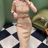 KYLETHOMASW  -  Sexy Sleeveless Sheath Knitted Dress Summer Fashion Zipper Streetwear Robe Office Lady Solid Color Midi Dresses With Belt 142A