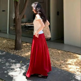 KYLETHOMASW  -  Red High Waist A-Line Skirt French Elegant Pleated Long Skirt Women Summer Loose Fashion Club Party Maxi Skirt Mujer Faldas 381A