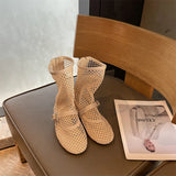 KYLETHOMASW  -  Woman Summer Ankle Boots Burgundy Mesh Flat Shoes Porosity Round Toe Low Heels Ladies Shoes White Flats Size 43 Botas Feminino