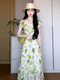 KYLETHOMASW  -  Floral Long Skirt Slimming Waist Design Summer Vaion Travel Women's Dr High Waist A-Line Stand Fit V-Ne Casual Wear