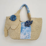 KYLETHOMASW  -  Cute Elephant Shape Straw Tote Bag Hand Woven Beach Bag With Blue Floral Decor Mini Elephant Pendant Handheld Shoulder Bag