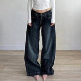 KYLETHOMASW  -  Women's Dark Blue Relaxed Fit Jeans Y2K Retro Low Waist Straight Denim Pants 90S Street Style Loose Trousers Korean Versatile