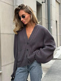 KYLETHOMASW  -  Solid V Neck Single Breasted Knit Cardigan Pocket Front Drop Shoulder 2025 Autumn Casual Women Coat Daily Cozy Chic Lady Sweater