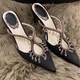KYLETHOMASW  -  French Satin Rhinestone Stiletto High Heels Women's Pointed Head Crystal Pendant Bag Head Cool Slippers Women
