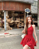 KYLETHOMASW  -  Woman Dresses Floral Printed Sleeveless Halter Irregular Ruffles Bow Bandage Backless Sexy Mini Dress Sweet Elegant Party