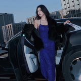 KYLETHOMASW  -  Sexy Shiny Sling Dress Woman Halter Off Shoulder Backless Skinny High Waist Gown Robe New Style Elegant Long Bodycon