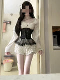 KYLETHOMASW  -  French Sexy Elegant Sweet 2 Piece Set Women Lace Design V-Neck Tops + Waist Belt Skirts Harajuku Japanese Fashion Retro Outfits