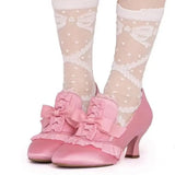KYLETHOMASW  -  Women Sweet Lolita Vintage Satin Heels Scalloped Lace Ruffle Bow Front Lace Up Design Victorian Curved Heel Bridal Costume Pumps