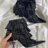 KYLETHOMASW  -  Black Cake Layered Lace Stiletto Ankle Boots Woman Winter 2025 Side Zipper Pointed Toe Fashion Boots Wedding Shoes for Women