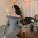 KYLETHOMASW  -  Knitted Dresses Women Off Shoulder Furry Patchwork Slim Stretch Long Sleeve Cocktail Evening Dress Party Clubwear