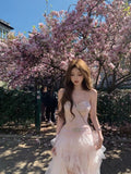 KYLETHOMASW  -  Chic Elegant Coquette Princess Pink Sakura Strapless Lace Tulle Sheer Mesh Formal Dress Women Girls Summer Evening Party Wear