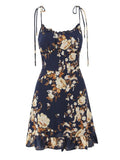 KYLETHOMASW  -  Summer French Vacation Flower Print Lace-up Slim Slash Neck Sleeveless Spaghetti Strap Dresses