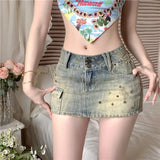 Kylethomasw   -  Y2K Vintage Willow Nail Heavy Industry Denim Skirt Women's Summer New Low Waist Sexy Wrapped Hip Short Skirt