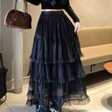 KYLETHOMASW  -  Long Skirts Mesh Ruffles Solid A-line Spring Summer Sweet Women Skirt Elegant Vintage High Waist Faldas Mujer