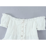 KYLETHOMASW  -  Sexy Off Shoulder White Cropped Shirt Women Front Button Short Sleeve Cotton Summer Blouse Sweet Tops New