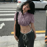 KYLETHOMASW  -  Korean Sweet Ruffle Collar Puff Sleeve Crop Blouse Women Thin Lightweight Casual Daily Shirt