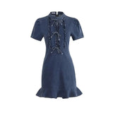 KYLETHOMASW  -  Denim Dress for Women Stand Collar Bow Bubble Short Sleeve Dresses Blue A-line Korean Fashion Retro Mini Skirts Female Clothes