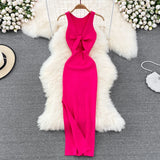 KYLETHOMASW  -  Vintage Knitted Dress Twist Knot V Neck Sleeveless Dresses Hollow Out Slim Bodycon Sexy Hip Wrap Split Robe Vestidos